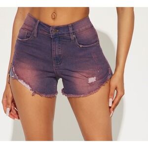 Fashion Nova Denim Shorts Distressed Frayed‎ Hem Blue Purple Pink Wash Size 3